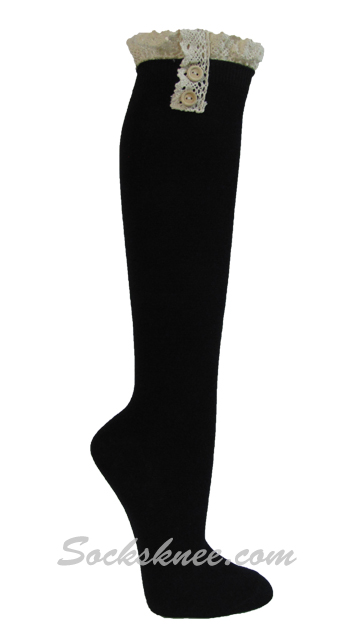 Black Vintage style knee high sock with crochet lace - Click Image to Close